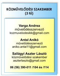 KÖZMŰVELŐDÉSI SZAKEMBER (3 fő)  Varga Andrea művelődésszervező kozmuvelodesikk@gmail.com  Antal Anikó művelődésszervező aniko.antal11@gmail.com  Szilágyi Aszter László közművelődési szakember aszterlaszlo@gmail.com  06 (56) 390-011 /104 és /114