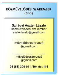 KÖZMŰVELŐDÉSI SZAKEMBER (3 fő)  Szilágyi Aszter László közművelődési szakember aszterlaszlo@gmail.com  ………………………… művelődésszervező @gmail.com  ………………………… művelődésszervező @gmail.com  06 (56) 390-011 /104 és /114