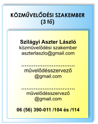 KÖZMŰVELŐDÉSI SZAKEMBER (3 fő)  Szilágyi Aszter László közművelődési szakember aszterlaszlo@gmail.com  ………………………… művelődésszervező @gmail.com  ………………………… művelődésszervező @gmail.com  06 (56) 390-011 /104 és /114